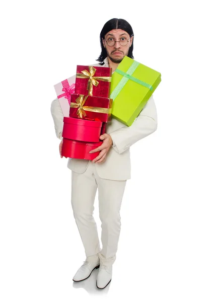 Uomo con scatola regalo isolata — Foto Stock