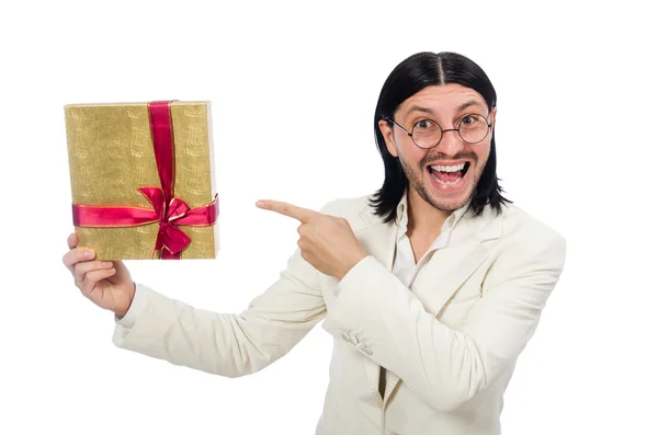 Man met geschenkdoos geïsoleerd — Stockfoto