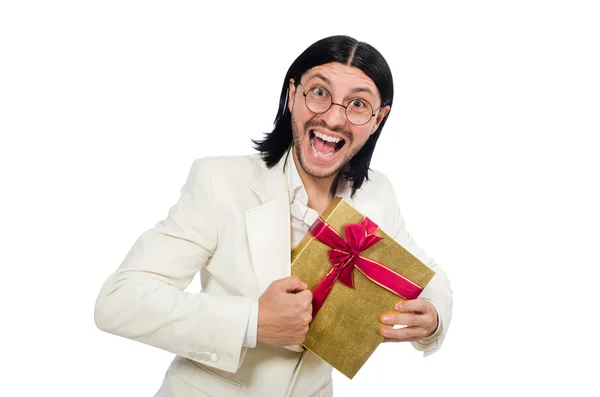 Man met geschenkdoos geïsoleerd — Stockfoto