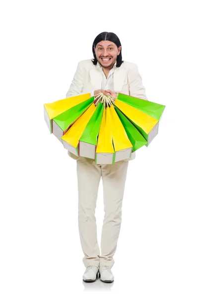 Uomo con shopping bags isolato su bianco — Foto Stock