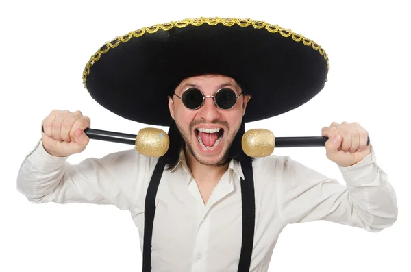 Homem engraçado usando chapéu sombrero mexicano isolado em branco — Fotografia de Stock