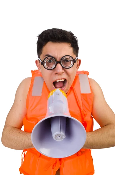Komik adam hoparlörü ile yelek giyiyor — Stok fotoğraf