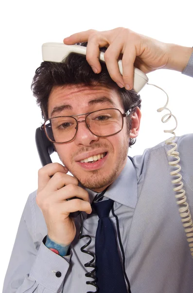 Junge Callcenter-Mitarbeiterin isoliert auf weiß — Stockfoto