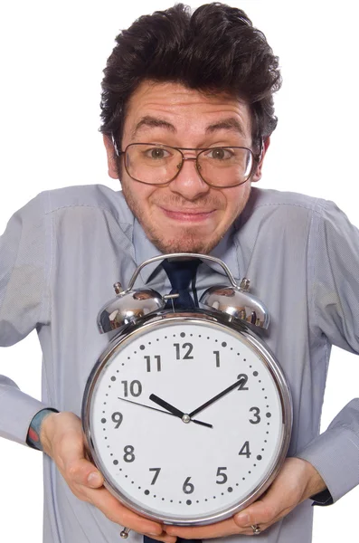 Joven hombre de negocios con reloj aislado en blanco — Foto de Stock