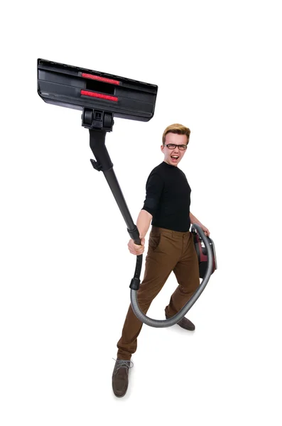 Funny man with vacuum cleaner on white — Stock Photo, Image