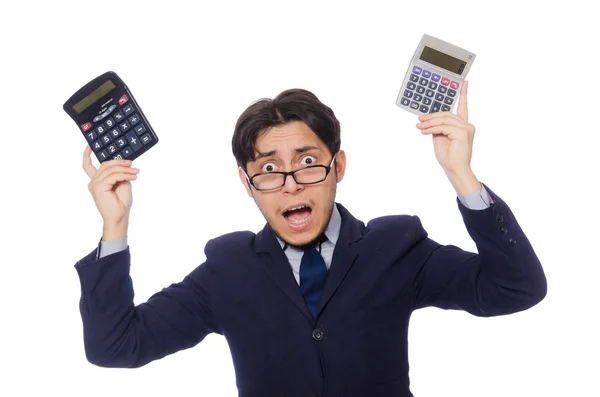 Grappige mens met calculator geïsoleerd op wit — Stockfoto