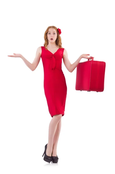 Menina em vestido vermelho segurando tronco — Fotografia de Stock