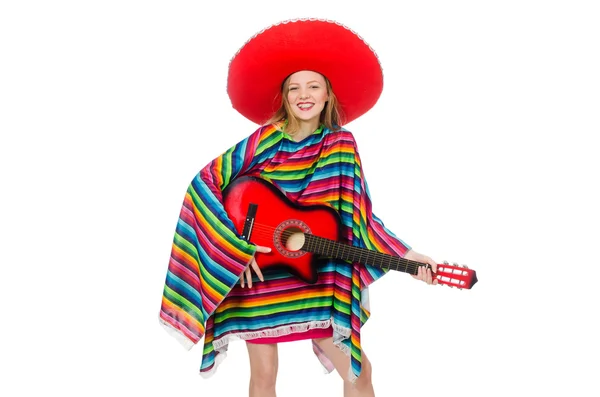 Girl in mexican poncho with guitar — Stock Photo, Image