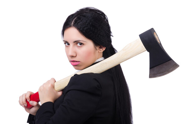 Businesswoman with axe on white