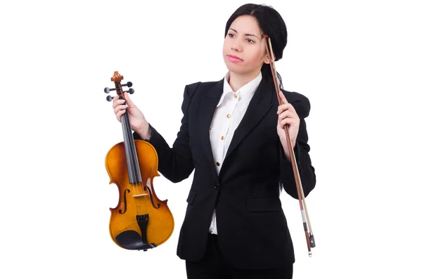 Woman with violin on white — 图库照片