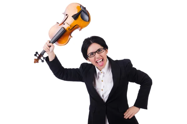 Donna con violino su bianco — Foto Stock