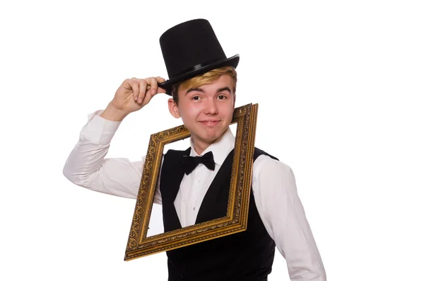 Young gentleman holding frame isolated on white — Stock Photo, Image