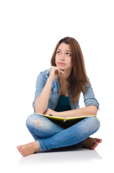 Studente ragazza con libri isolati su bianco — Foto Stock