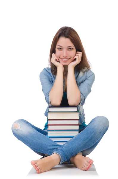 Student girl with books on white — Stock Photo, Image