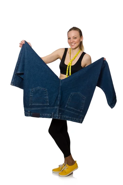 Op dieet zijn concept met grote jeans — Stockfoto