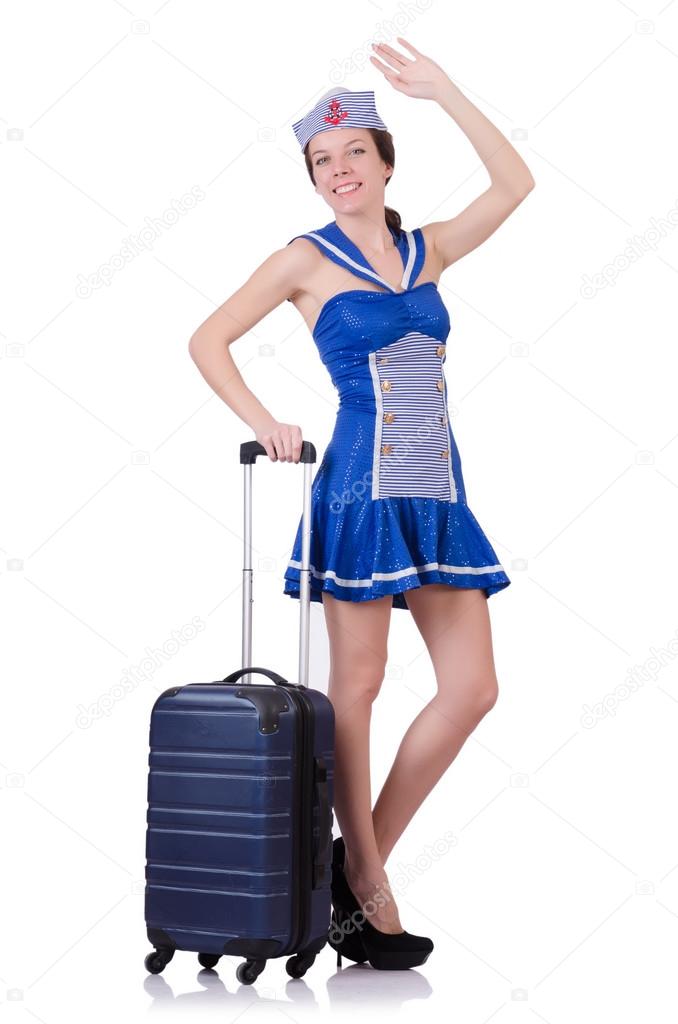 Woman with suitcase on white