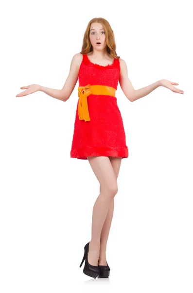 Shocked young nice girl in red dress — Stock Photo, Image