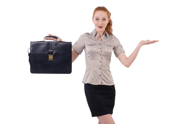 Pretty young employee with briefcase isolated on white — Stock Photo, Image