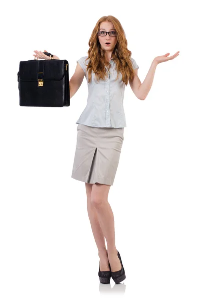 Pretty young employee with briefcase isolated on white — Stock Photo, Image