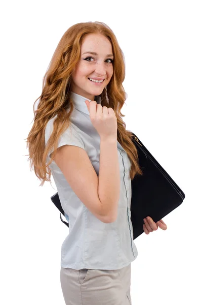 Pretty young employee with briefcase isolated on white — Stock Photo, Image