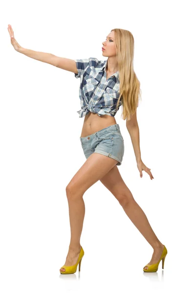 Pretty woman in jeans shorts — Stock Photo, Image