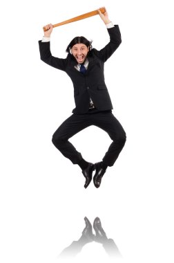 Zarif delikanlı üzerinde beyaz izole yarasa holding