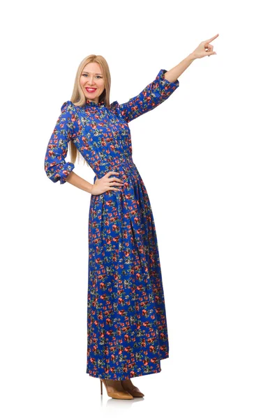 Jeune femme en robe florale bleue — Photo