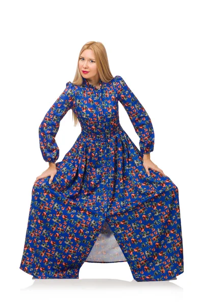 Jonge vrouw in blauwe bloemen jurk — Stockfoto