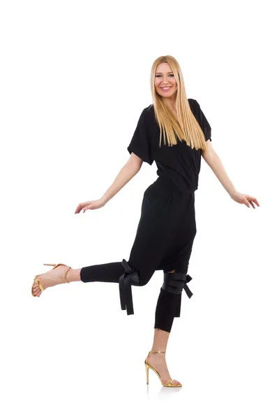 Mooie jonge vrouw in zwarte kleding geïsoleerd op wit — Stockfoto
