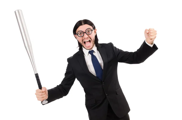 Joven hombre elegante en traje negro sosteniendo murciélago aislado en blanco — Foto de Stock