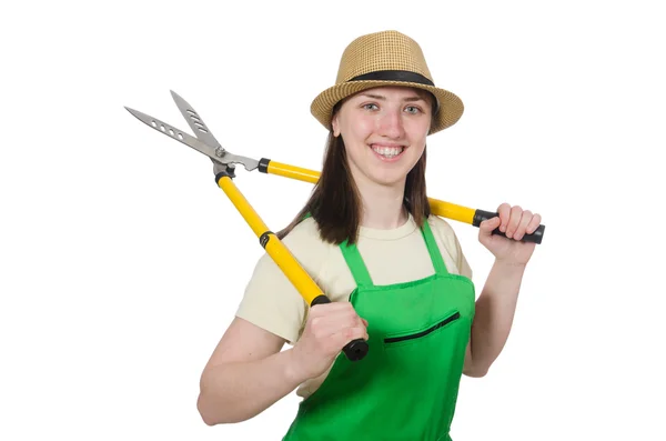 Mladá žena s nůžkami na bílém — Stock fotografie