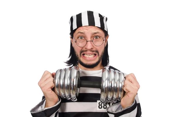 Prison inmate with dumbbells — Stock Photo, Image