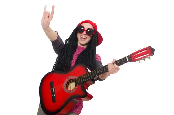 Mujer guitarrista aislado en blanco — Foto de Stock