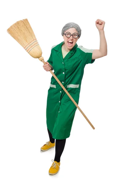 Femme avec brosse balayante isolée sur blanc — Photo