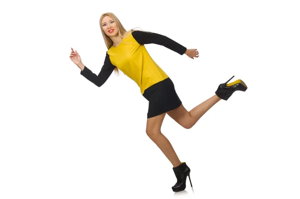 Blond jente i gule og svarte klær – stockfoto