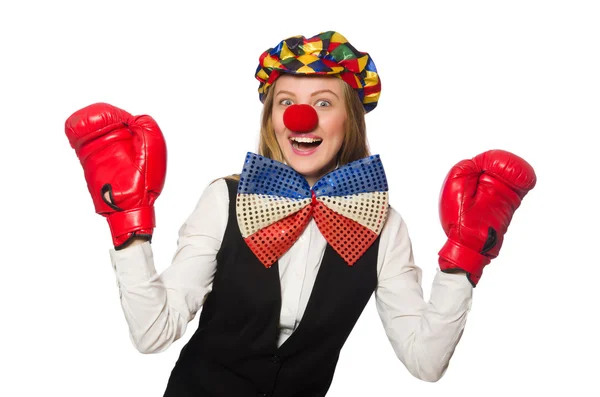 Jolie clown femelle avec des gants de boîte isolés sur blanc — Photo