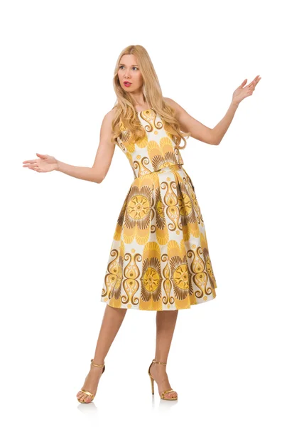 Pretty girl in yellow floral dress — Stock Photo, Image