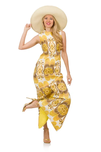 Mujer con sombrero y vestido largo de verano — Foto de Stock