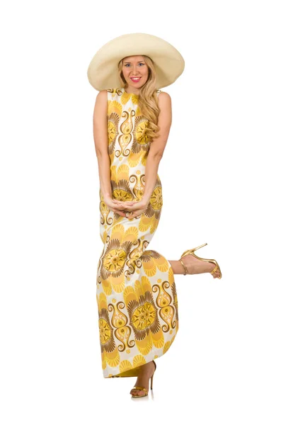 Sárga virágos ruha a csinos lány — Stock Fotó
