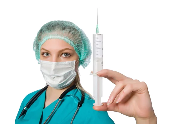 Woman doctor with syringe on white Stock Photo