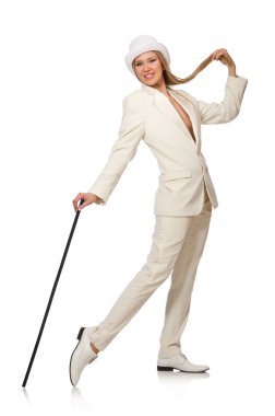 Baston üzerine beyaz izole sarı saçlı kızla