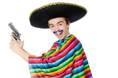 Komik genç Meksikalı silah ile üzerine beyaz izole.