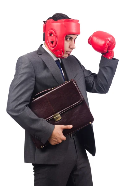 Young businessman with briefcase and box gloves isolated on white — Stock Photo, Image