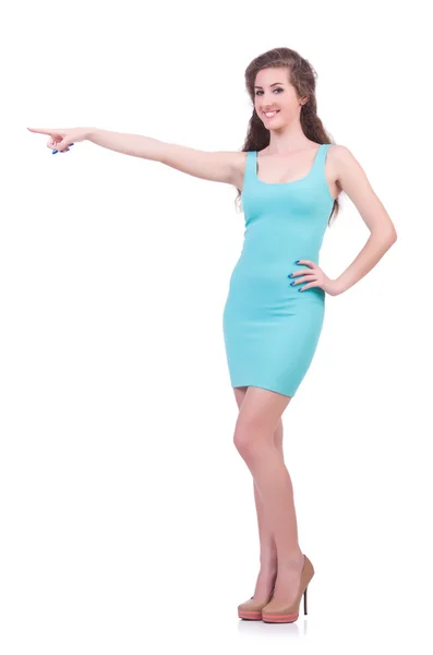 Pretty young girl in blue dress isolated on white — Stock Photo, Image