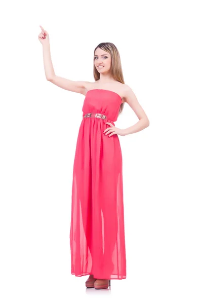 Beautiful girl in pink long dress isolated on white — Stock Photo, Image