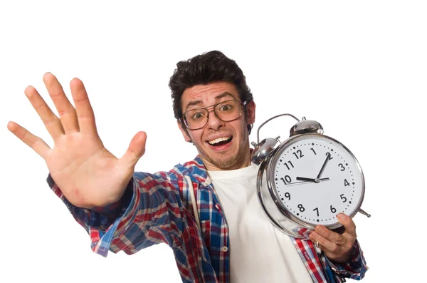 Estudiante con reloj despertador aislado en blanco — Foto de Stock