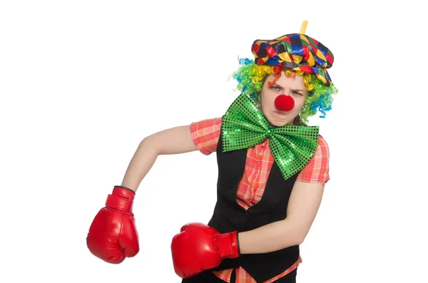 Clown femminile con guanti di scatola isolati su bianco — Foto Stock