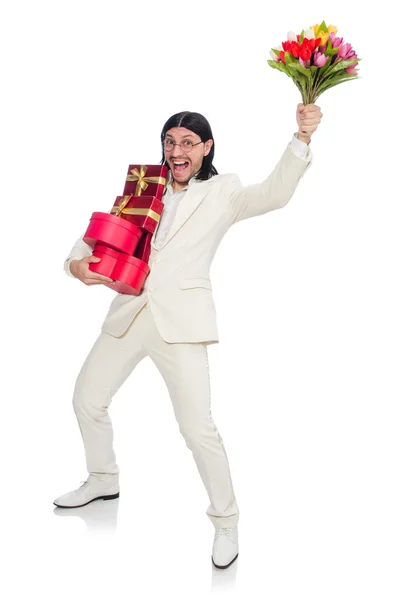 Hombre con caja de regalo aislado en blanco —  Fotos de Stock