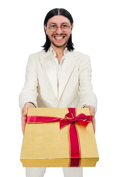 Homme avec boîte cadeau isolé sur blanc — Photo