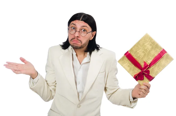 Hombre con caja de regalo aislado en blanco —  Fotos de Stock